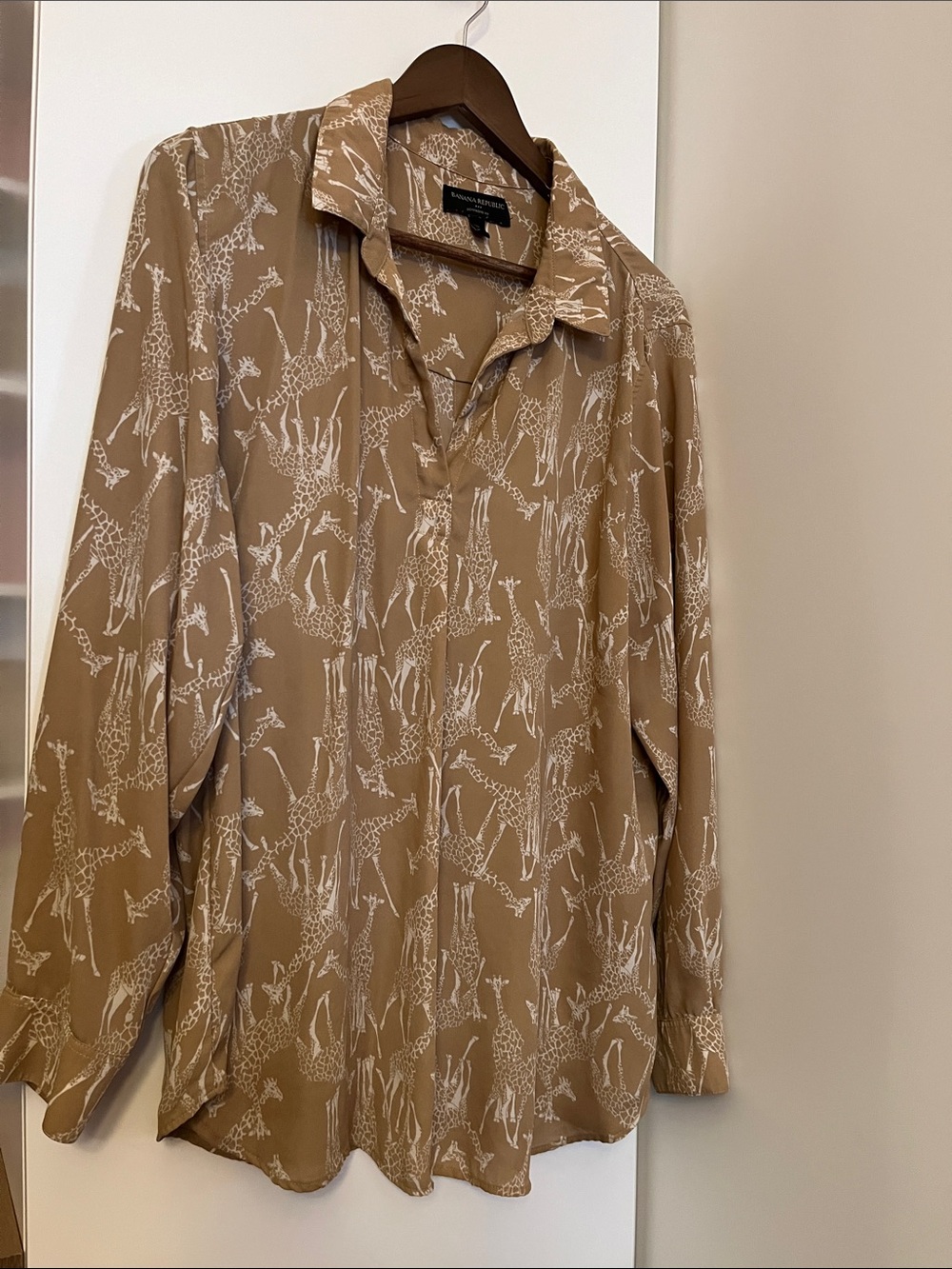 Banana Republic Tan Blouse with White Giraffe Motif
